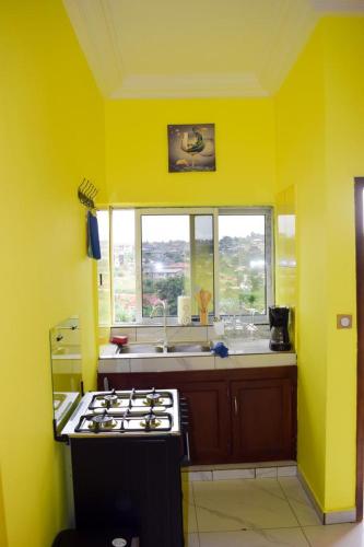 a yellow kitchen with a stove and a sink at Appartement Grenoble in Yaoundé