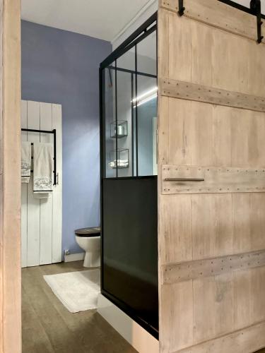 une salle de bains avec douche en verre et toilettes dans l'établissement Le Studio de Sosso, à Aniane