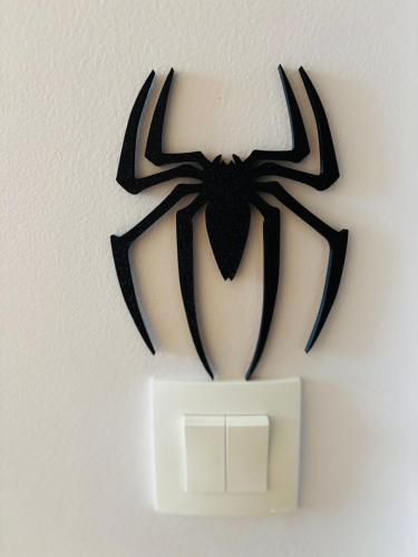 a black spider on the wall above a lightswitch at THE ENCHANTED HOUSE ( 15 min walk to Disney) in Serris