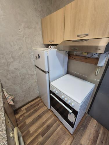a small kitchen with a white refrigerator and wooden cabinets at Mladost stay apartment in Sofia