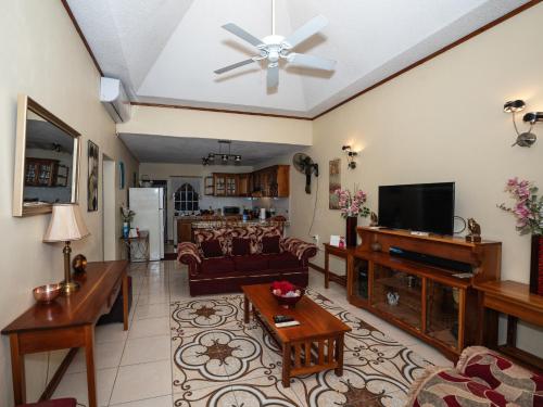 a living room with a couch and a tv at The Residence Portmore Apartments in Portmore