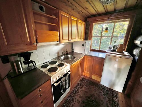 a small kitchen with a stove and a sink at Luosto Jylhäkelo - a cozy loghouse in the heart of Lapland in Luosto