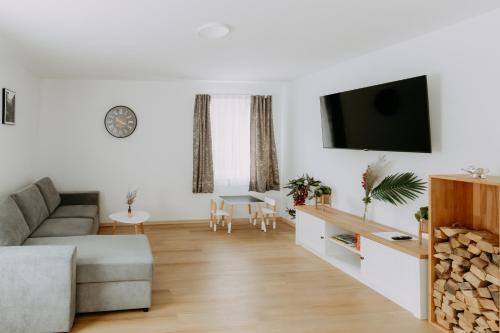 a living room with a couch and a tv at Kupferdachl in Sankt Lambrecht