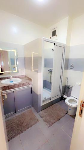 Agadir nʼ Aït SaにあるAppartement avec piscine taghazout imi Ouaddarのシャワー、トイレ、洗面台を備えたバスルーム