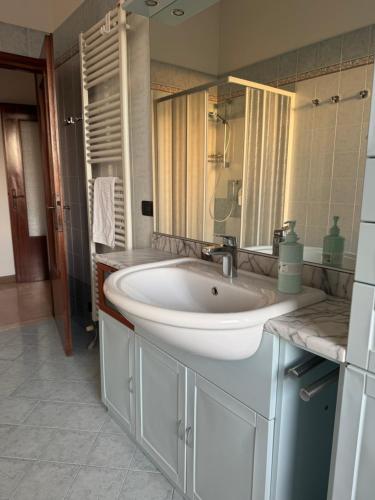 a bathroom with a white sink and a mirror at Torrione view apartment in Spilamberto