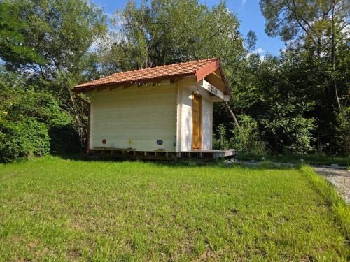 a small white shed with a red roof on a grass field at Api Aframe in Avrig