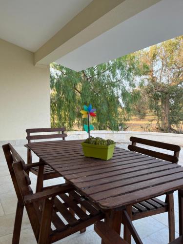 a wooden table with a flower in a pot on it at Villa Mina in Serranova