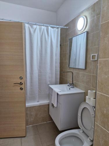 a bathroom with a toilet and a sink and a shower at אחוזת מעלות in Ma'alot Tarshiha