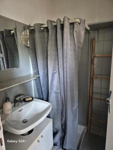 a bathroom with a sink and a shower curtain at Maison bord de mer a 5 min de la plage in Saint-Brevin-les-Pins