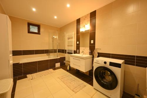 a bathroom with a washing machine and a washer at U starej mamy - ubytovanie na Tokaji in Malá Tŕňa