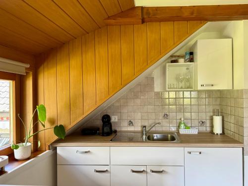 Una cocina con gabinetes de madera y un fregadero. en Studio Lilly, en Bohinj