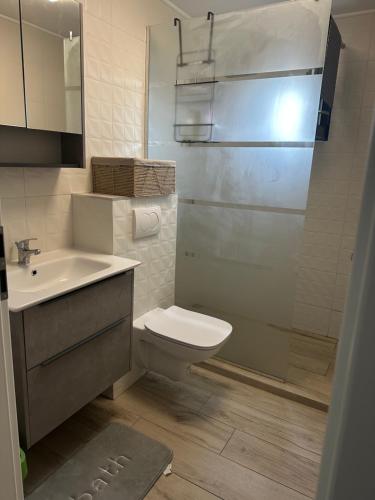 une petite salle de bain avec toilettes et lavabo dans l'établissement Davinci Apartment, à Sibiu