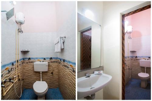 two pictures of a bathroom with a toilet and a sink at Super Hotel O Aljemin in Kanyakumari