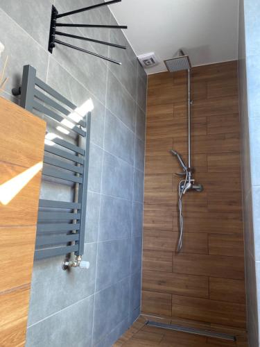 a shower in a bathroom with a wooden wall at Arkadia pod Diablakiem in Zawoja