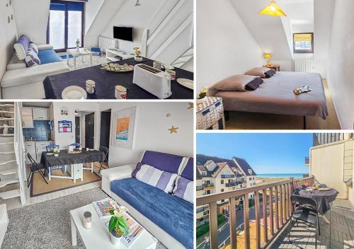 a collage of photos of a bedroom and a apartment at Duplex vue mer, balcon, parking privé in Cabourg