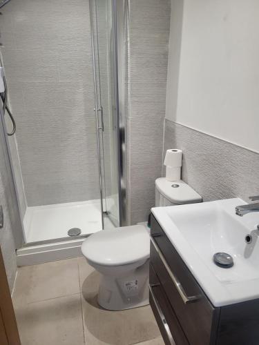 a bathroom with a shower and a toilet and a sink at Seashore Sunrise Apartment in Herne Bay