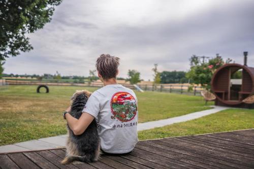 a boy sitting on a picnic table with a dog at Ferienhaus S`bunde Heisle in Blaufelden
