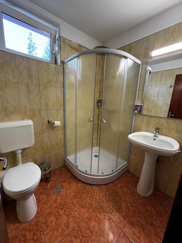 a bathroom with a shower and a toilet and a sink at Pensiunea Doina Sacele in Săcele