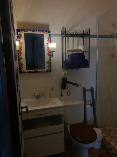 a bathroom with a sink and a toilet and a mirror at Ca la Serreta in Cretas