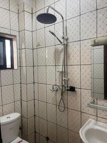 a bathroom with a shower with a toilet and a sink at Chic Appartement Meuble Wi-Fi gratuit in Yaoundé
