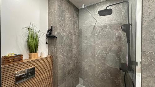 a shower with a glass door in a bathroom at Dream & Relax Apartment's Burg in Nürnberg