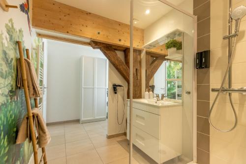 a bathroom with a shower and a sink at Le Coconut 5 min du Zoo in Saint-Aignan