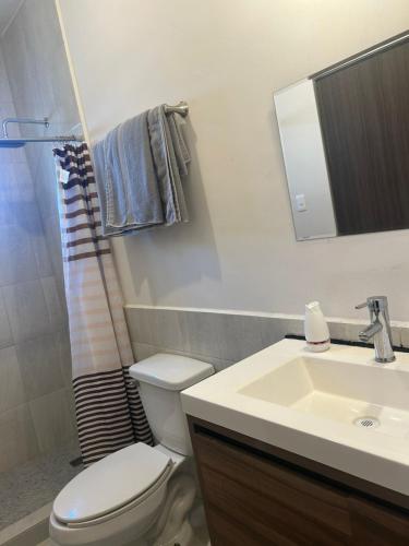 a bathroom with a toilet and a sink and a mirror at Casa Residencial Coral in San Carlos