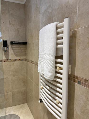 a bathroom with a towel rack in a shower at Raíces Pampas in Azul