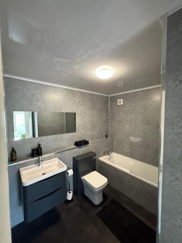 a bathroom with a sink and a toilet and a tub at Luxurious 2 bedroom, 8 mins from city centre in Glasgow
