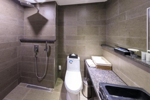 a bathroom with a toilet and a shower and a sink at Gaon Resort Byeongsan in Buan