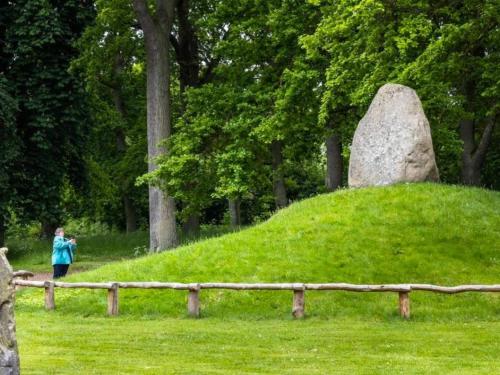 a person standing next to a large rock in a field at 4 person holiday home in Jægerspris-By Traum in Jægerspris