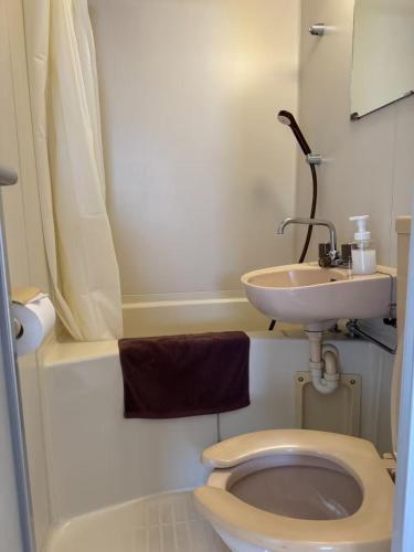 une petite salle de bain avec toilettes et lavabo dans l'établissement EX21 和モダン 畳部屋 駅から歩いて6分 最大3人 Japanese Modern Tatami Room 6Minute Walk from Station Maximum 3 Guests, à Nagoya