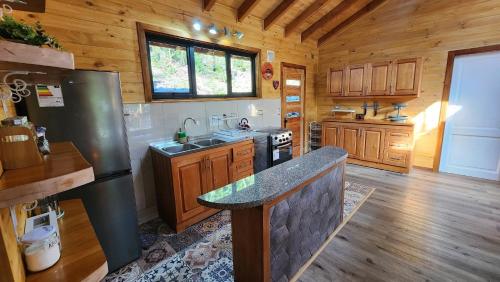a kitchen with a refrigerator and a sink in a cabin at CASA CON VISTA AL VOLCAN Y TINAJA a MINUTOS del CENTRO PUCON in Minetué