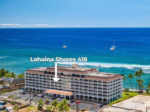 an aerial view of a hotel and the ocean at Lahaina Shores 418 · LS 418 Studio Near Beach, Pool & Relaxing H in Lahaina