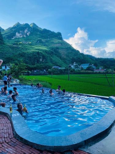 a group of people in a swimming pool with mountains in the background at Homestay Tommy House in Ha Giang