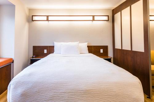 a bedroom with a large bed with white sheets at Microtel Inn & Suites Cheyenne in Cheyenne
