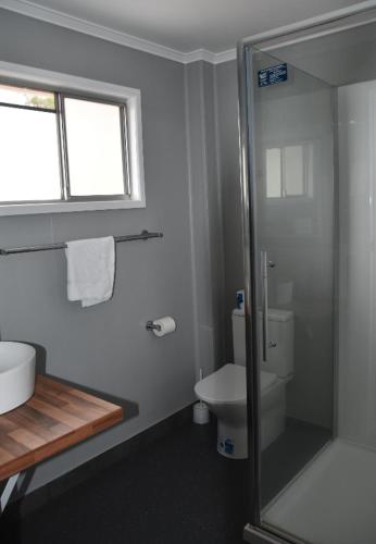 a bathroom with a shower and a toilet and a window at Leichhardt Hotel in Taroom