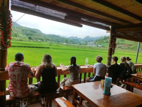 a group of people sitting at tables looking at a field at Homestay Tommy House in Ha Giang