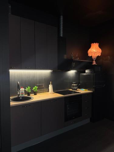 a kitchen with black cabinets and a sink and a lamp at Apartments24 Black 1903 in Rakvere