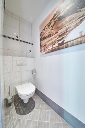 a bathroom with a toilet and a painting on the wall at Appartements Der Fuchsbau in Saalbach Hinterglemm
