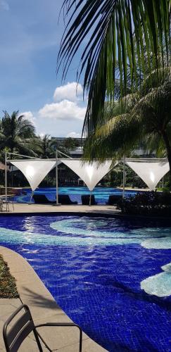 a swimming pool with blue water and a palm tree at Calm Lux 3 BR 2 Baths next to AEON Mall in Cilandak