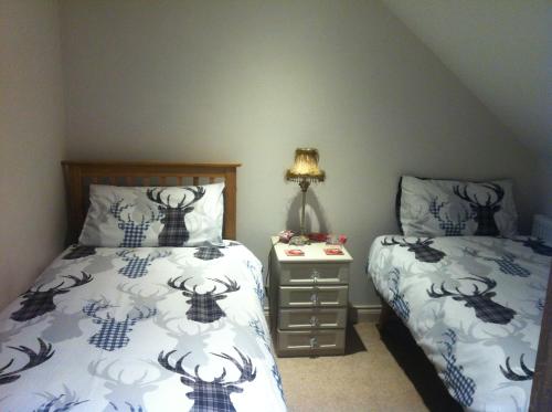 East Dunster Deer Farm B&B في تيفرتون: غرفة نوم بسريرين وموقف ليلي