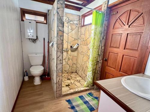 a bathroom with a shower with a toilet and a door at Faré blue lagoon in Moorea