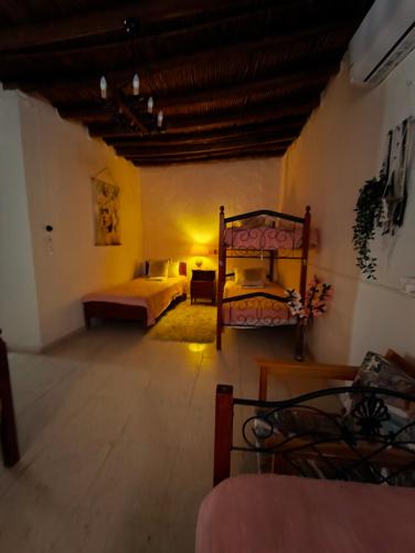 a bedroom with two beds in a room with a ceiling at DC Family Home & Garden - Traditional village house in Pano Arodes
