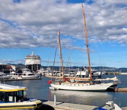 a group of boats docked in a harbor with a cruise ship at Cygnet Valley Hideaway by Tiny Away in Cygnet