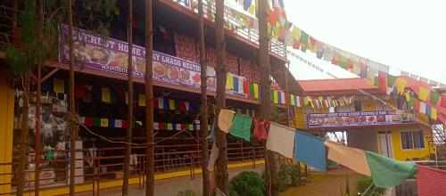 a building with flags and flags hanging from it at Everest Home Stay Temal Kalimati Tower in Thapathali