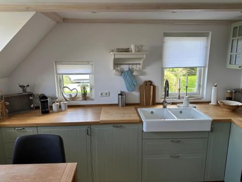Kuchyň nebo kuchyňský kout v ubytování Huus an`t Diek, Luxus in Deichnähe, Erdgeschosswohnung mit Pool, Nähe Norddeich