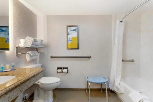 Un baño con inodoro, lavabo y ducha. en Comfort Inn Oak Ridge - Knoxville, en Oak Ridge