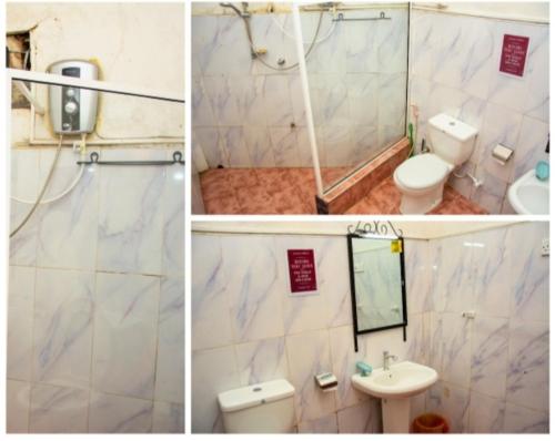 three pictures of a bathroom with a toilet and a sink at The Kingston Court in Kandy