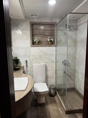 a bathroom with a toilet and a glass shower at شقه فندقيه نيل هلتون ريزيدنس المعادي in Cairo